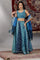 Blue Printed Zari Embroidered Crop Top, Brocade Flared Skirt and Dupatta Set