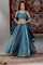 Blue Printed Zari Embroidered Crop Top, Brocade Flared Skirt and Dupatta Set