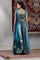 Blue Printed Zari Embroidered Crop Top, Brocade Flared Skirt and Dupatta Set