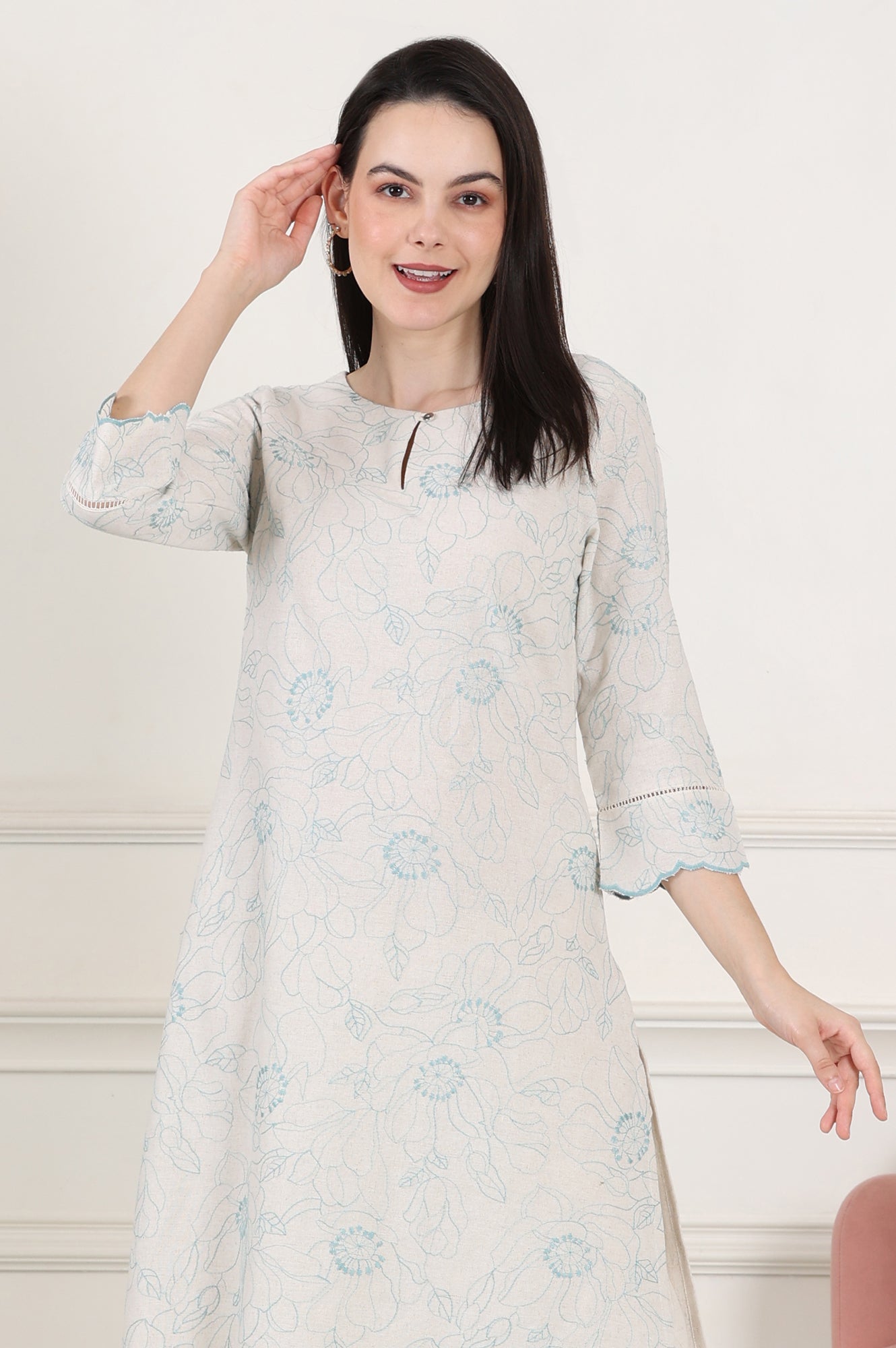 Beige Thread Work Linen Straight Kurta With Scalloped Hemline