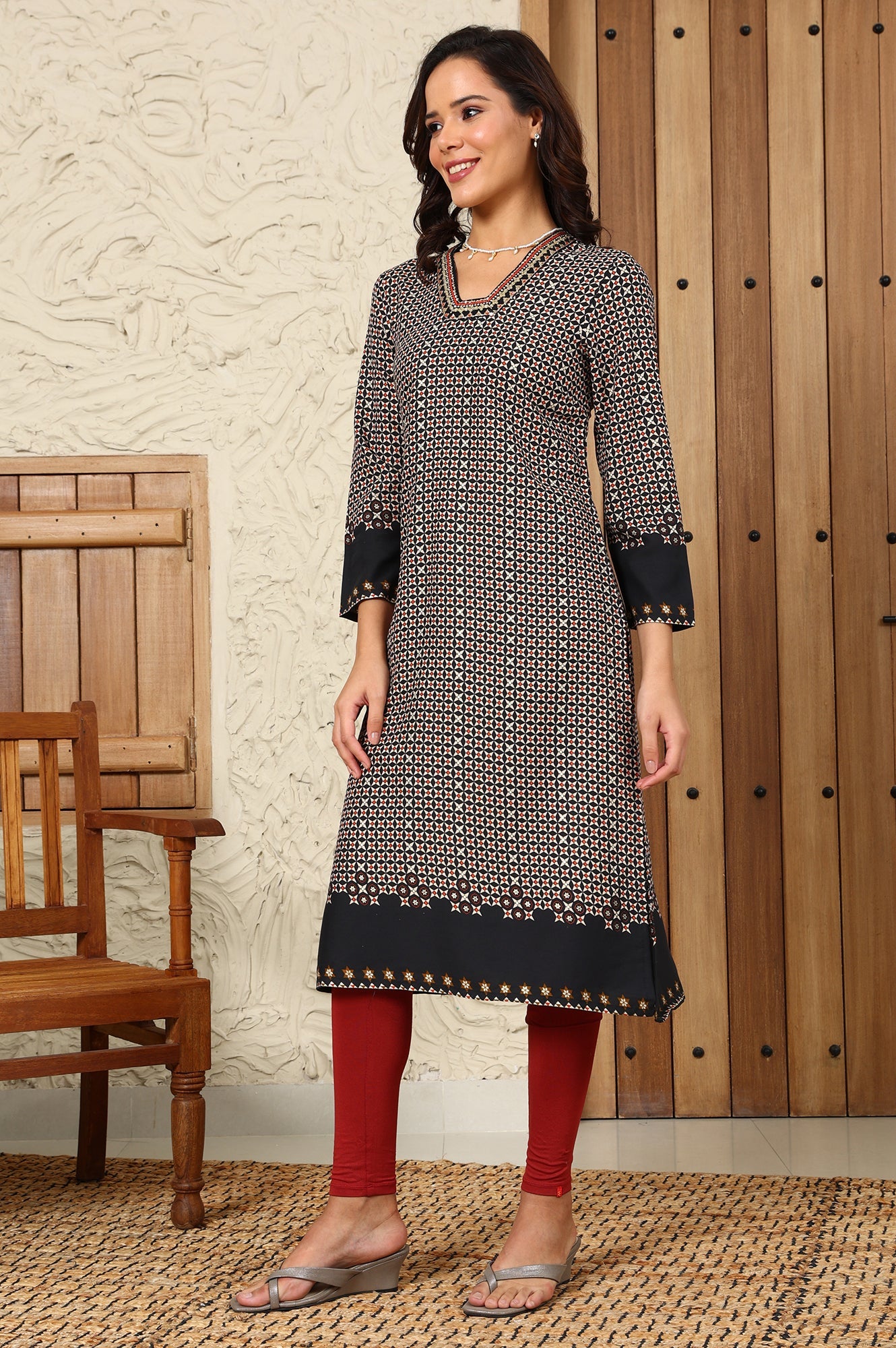 Black Geometric Printed Rayon A-Line Kurta With Metallic Embroidery On Neck