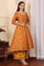 Mustard Yellow Floral Printed Chanderi Anarkali Kurta With Embroidery, Flared Pants And Dupatta Set