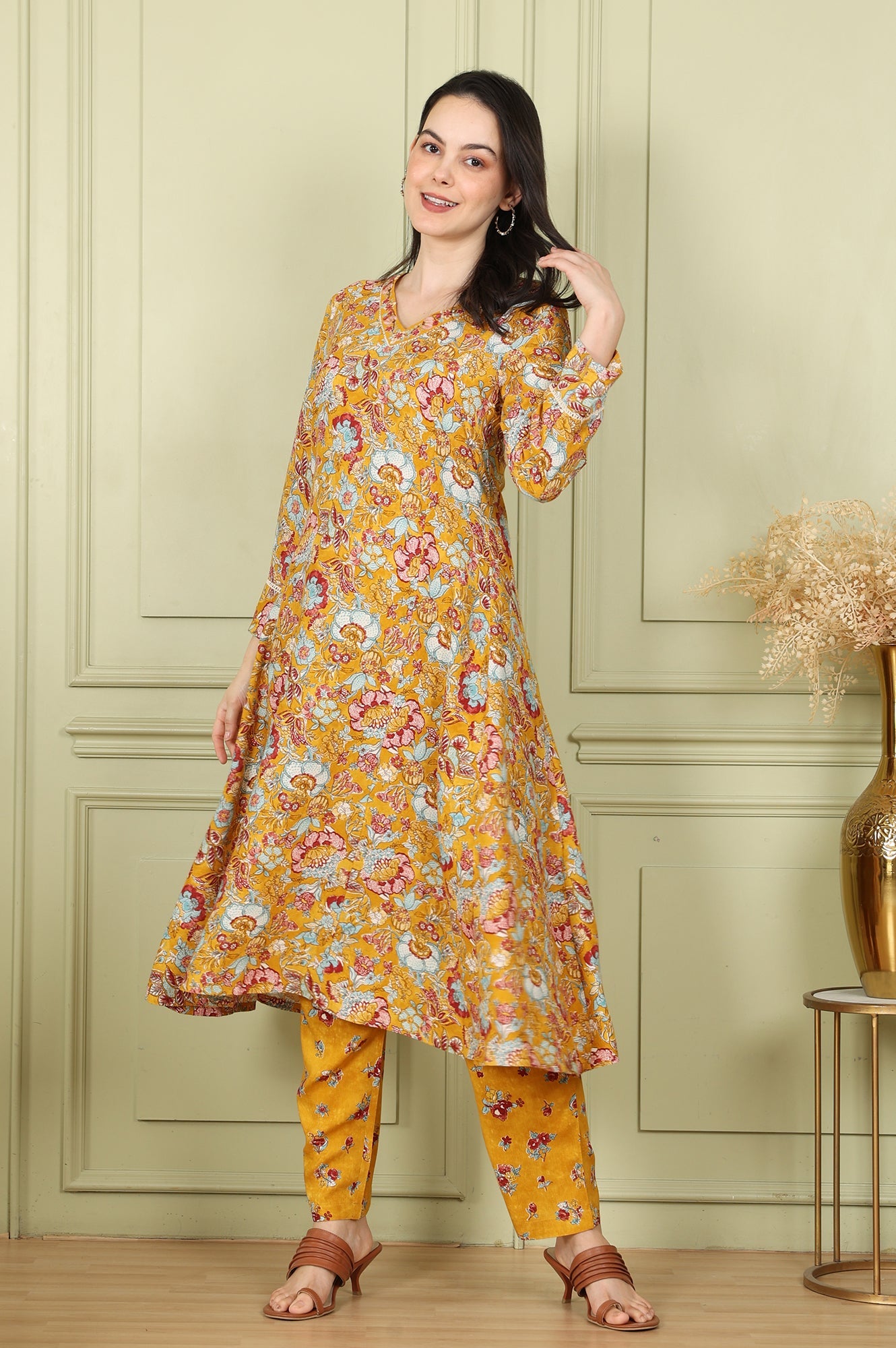 Mustard Yellow Floral Printed Breezy Rayon A-Line Kurta And Pants Set