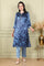 Blue Floral Printed With Thread Work Japenese Satin Kurta And Pants Set