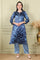 Blue Floral Printed With Thread Work Japenese Satin Kurta And Pants Set