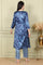 Blue Floral Printed With Thread Work Japenese Satin Kurta And Pants Set