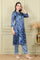 Blue Floral Printed With Thread Work Japenese Satin Kurta And Pants Set