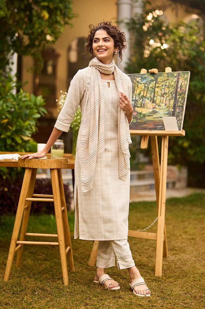 Biege Yarn-Dyed Checker Kurta