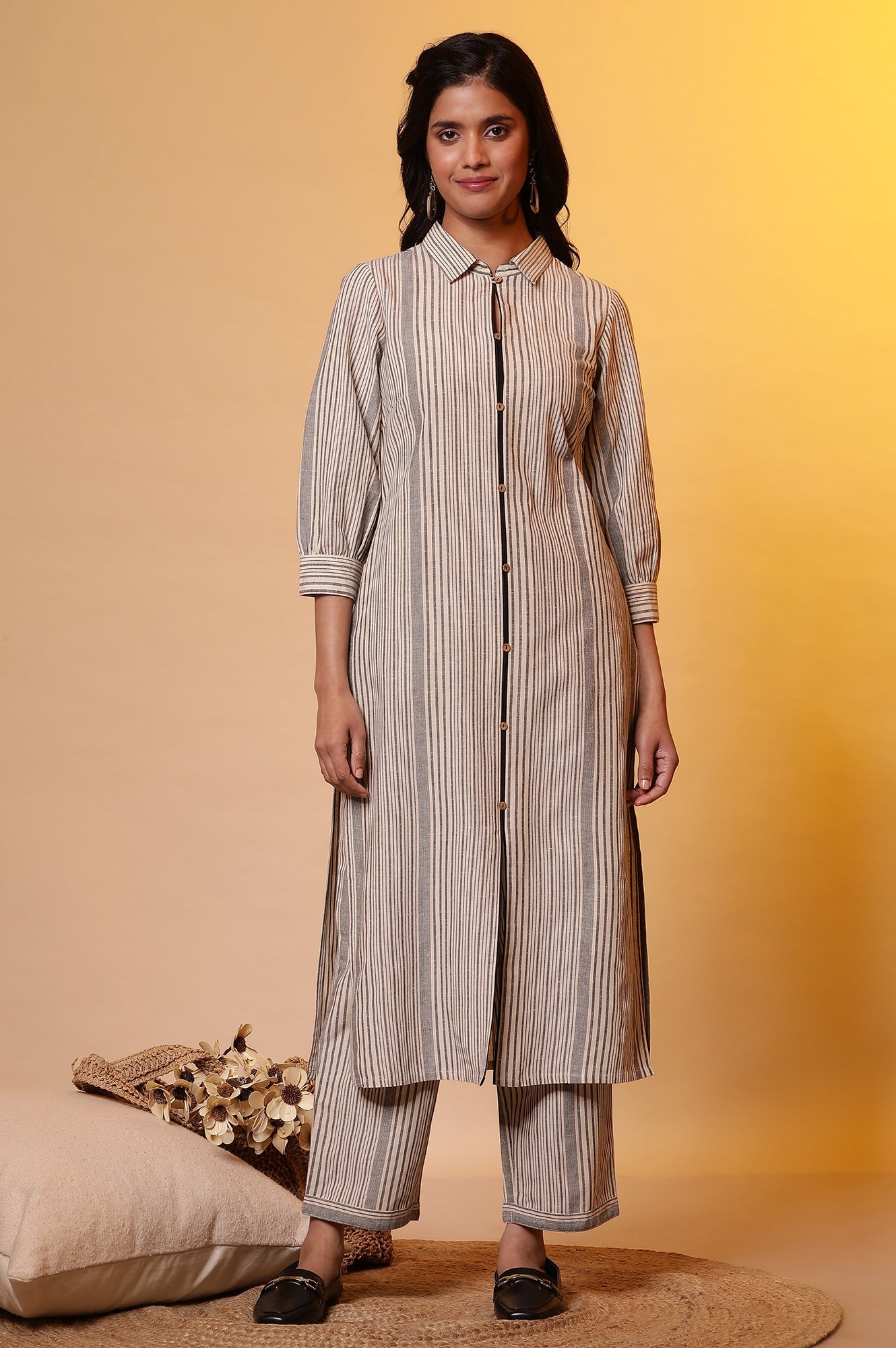 Beige Stripe Shirt Collar Kurta and Palazzo Set