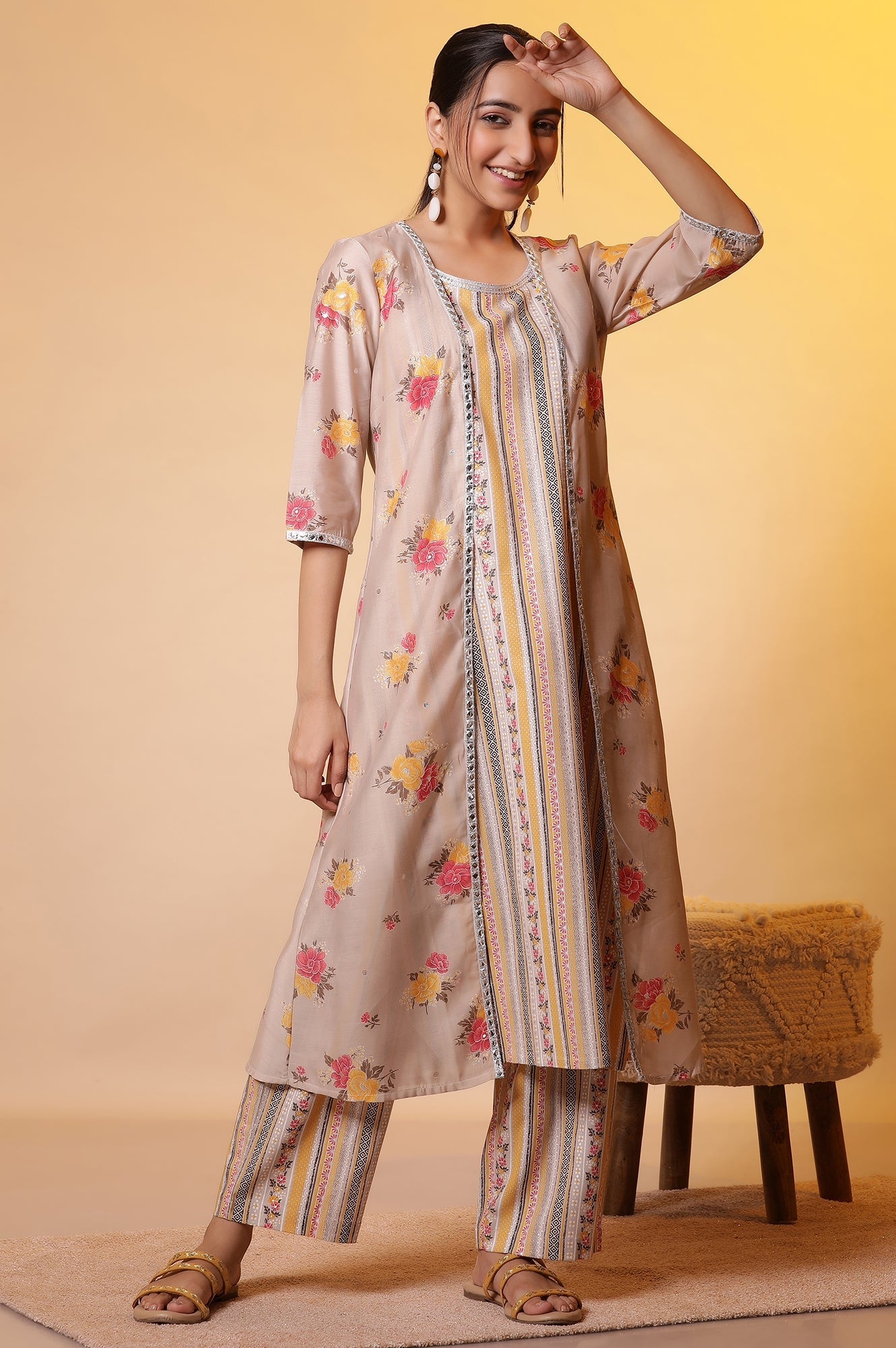 Beige Printed Sleeveless Kurta, Floral Gilet and Trouser Set