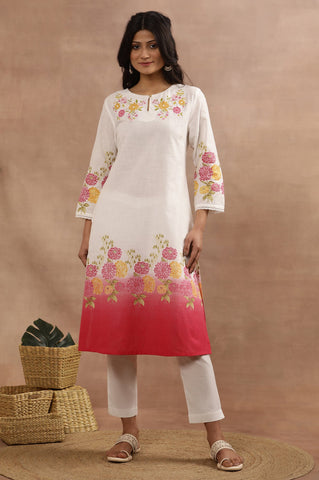 White And Pink Ombre Floral Printed Cotton Kurta