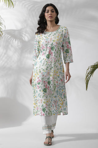 White Floral Printed A-Line Kurta