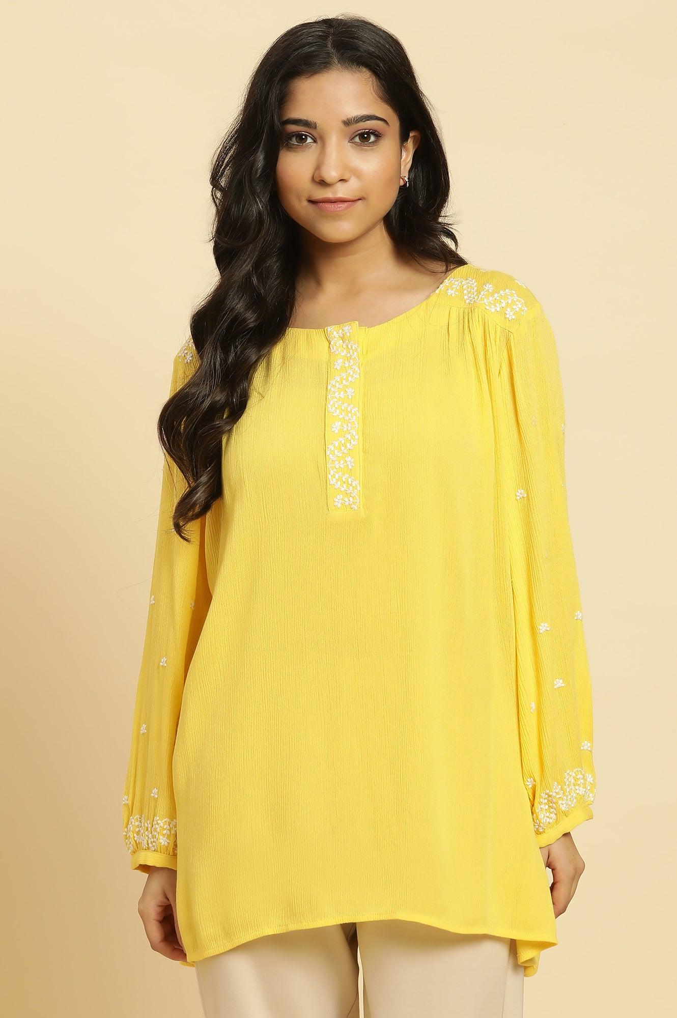 Yellow Summer Top With White Floral Embroidery