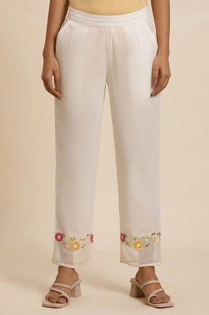 White Cotton Pants With Embroidered Mesh Hemline