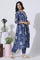 Deep Blue Gathered Tie-Dye Floral Printed Kurta