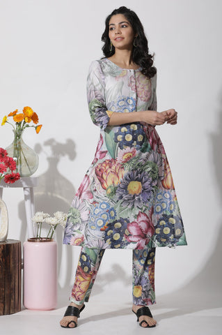 Multi-Coloured Floral Printed Short Kurta And Pants Set