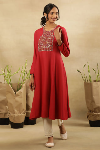 Pink Kutch Embroidery Flared Tussar Kurta