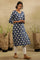 Dark Blue Dabu Block Printed V-Neck Kurta