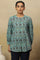 Aqua Blue Block Print Top With Gathered Sleeves