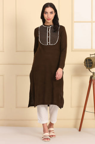 Brown Solid Embroidered Yoke Straight Winter Kurta