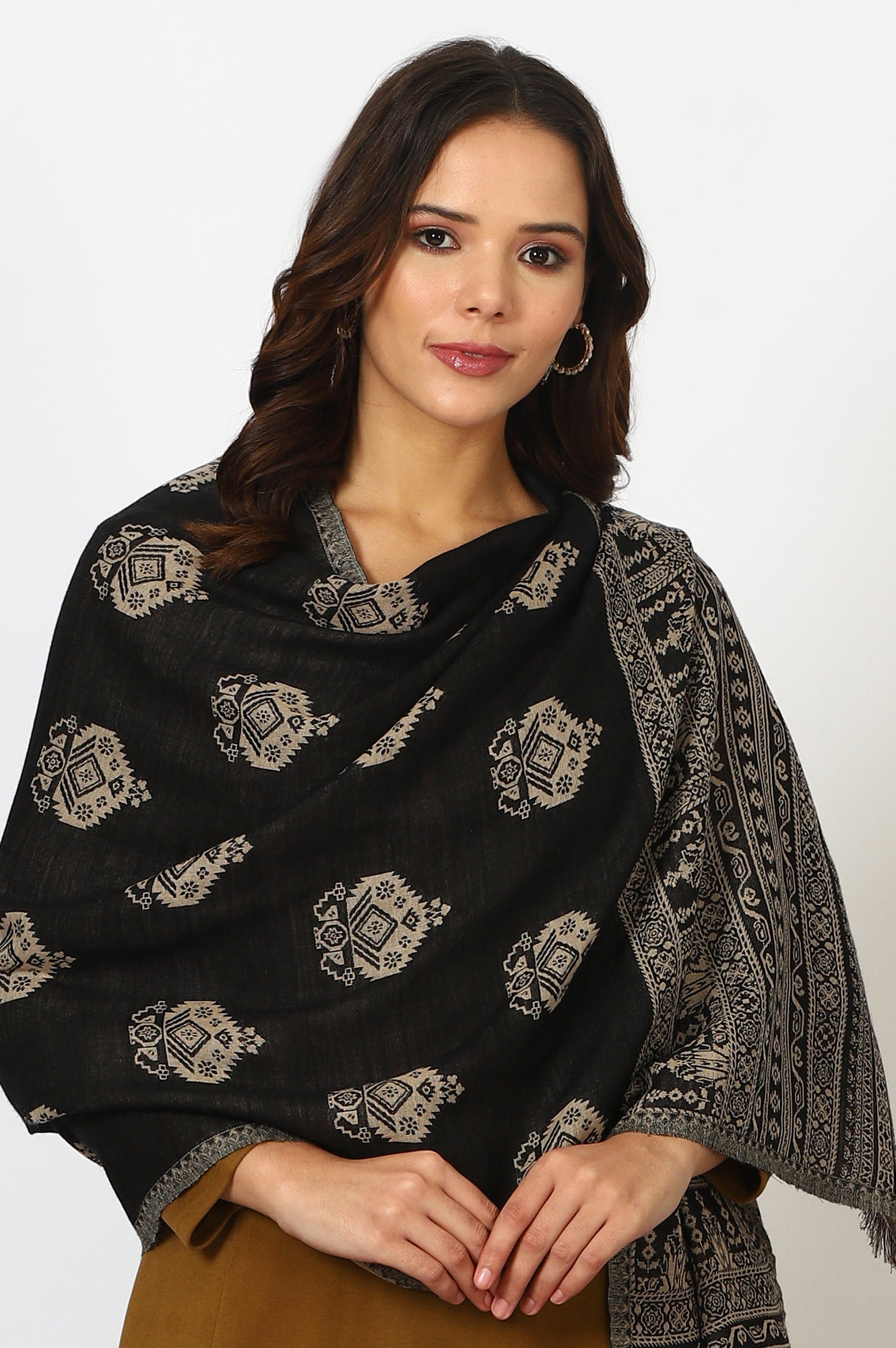 Black Yarn Dyed Cotton Blend Shawls & Stole