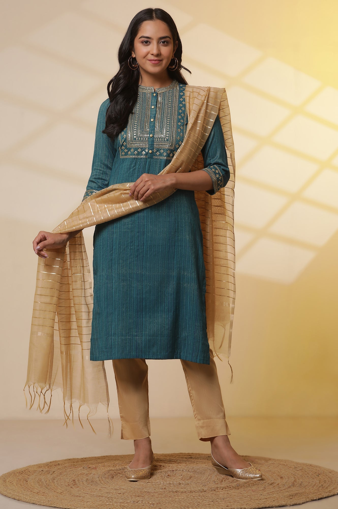 Blue Embellished Lurex Stripes Kurta, Trousers and Dupatta Set