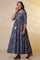 Blue Floral Printed Embellished Flared Kurta, Tights and Dupatta Set