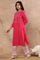 Pink Embroidered Textured Kurta, Pants And Dupatta Set