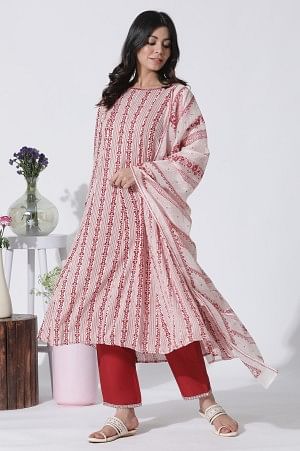 White & Red Printed Flared Kurta, Cotton Pants With Dupatta Set