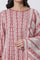 White & Red Printed Flared Kurta, Cotton Pants With Dupatta Set