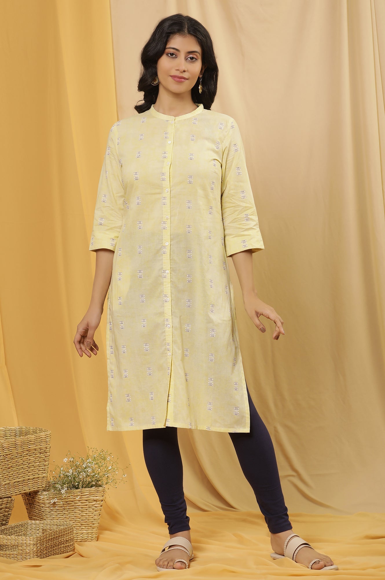 Yellow Printed Kurta And Tights Set