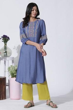 Blue Thread Embroidered Kurta And Pants Set