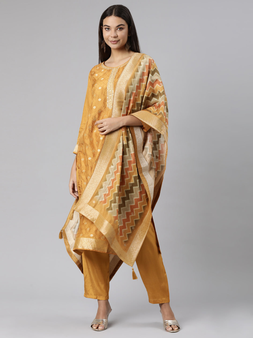 Neeru's Gold Regular Straight Floral Readymade suits