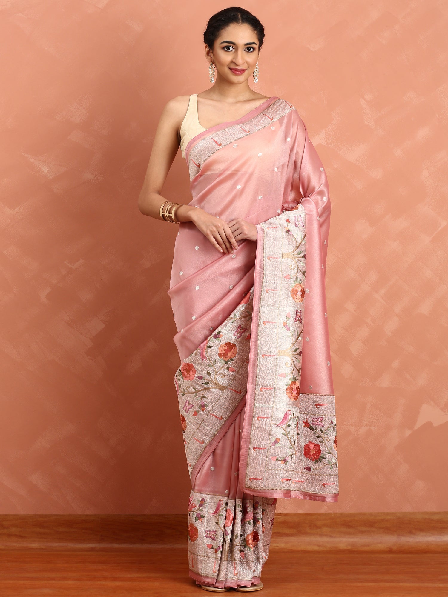 Baby pink banaras silk saree with Meena border and motifs