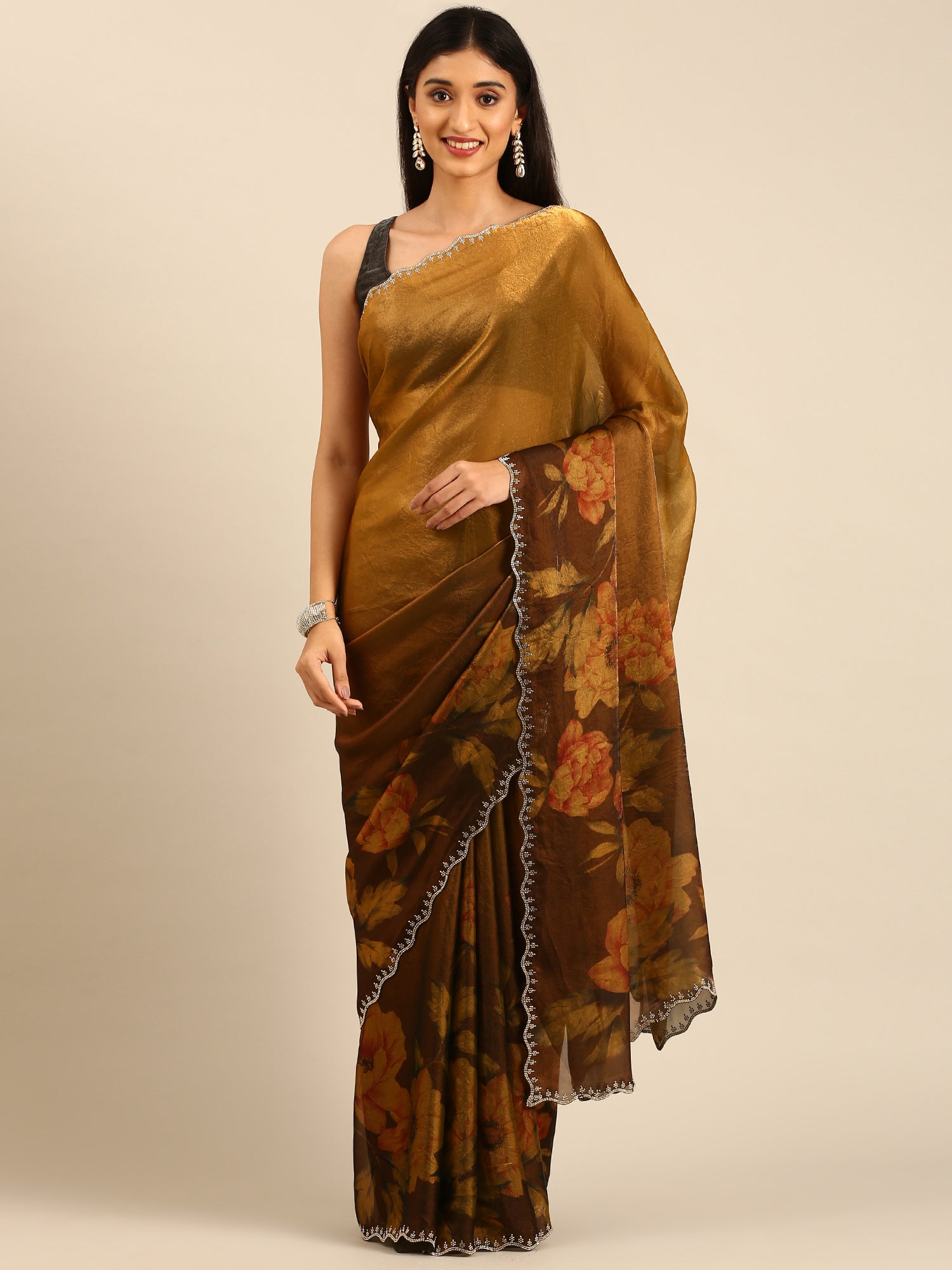 Gold & rust floral printed Jimmy tissue saree with swarovski embroidery