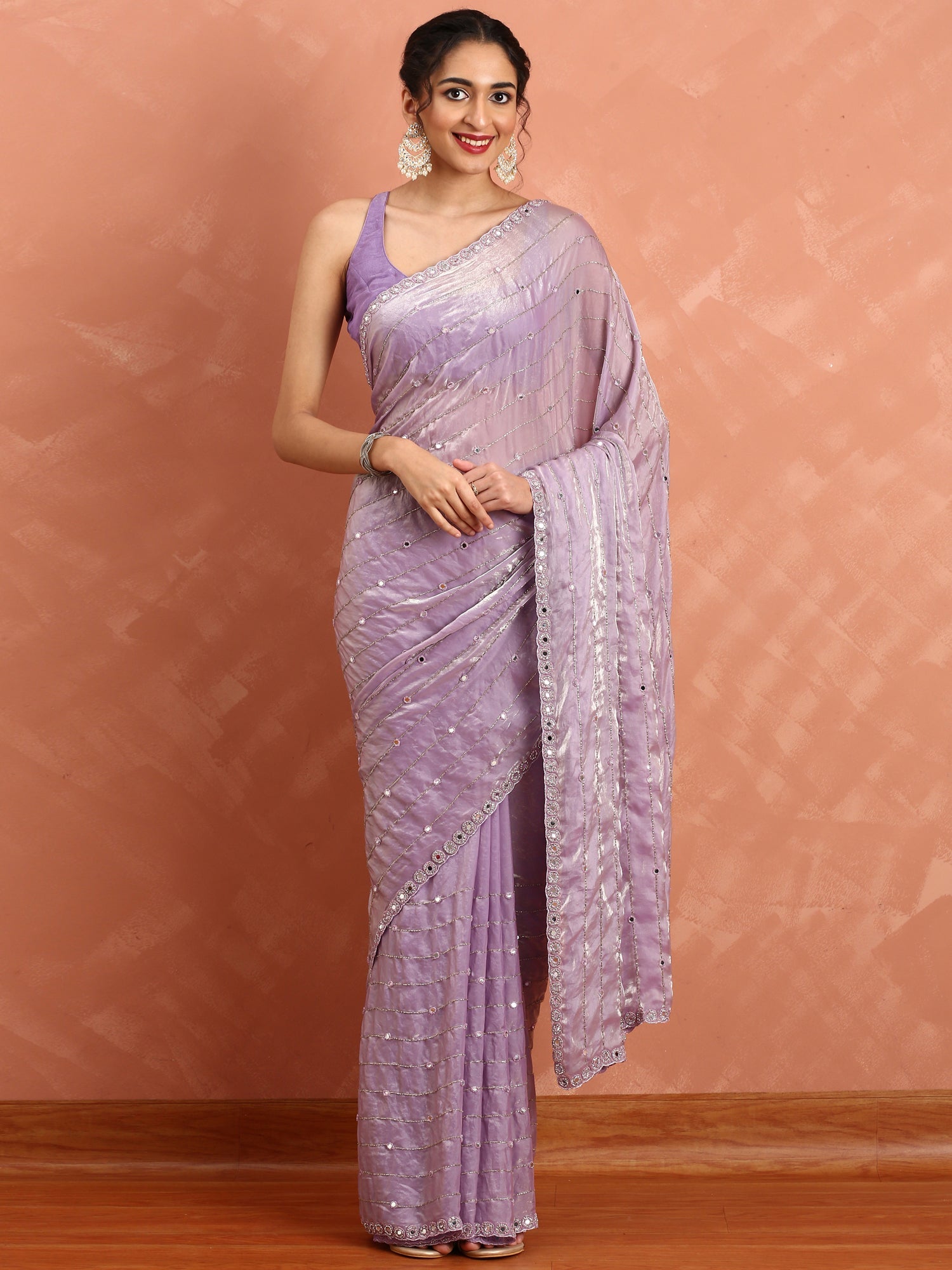 Lilac Jimmy tissue saree with mirror work hand embroidery