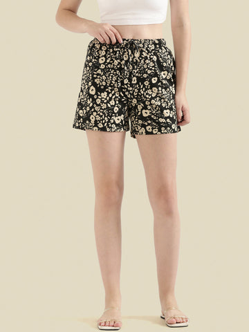 Black Cotton Knit Printed Lounge Shorts