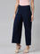 Women Solid Navy Mid Rise Ribbed Palazzos