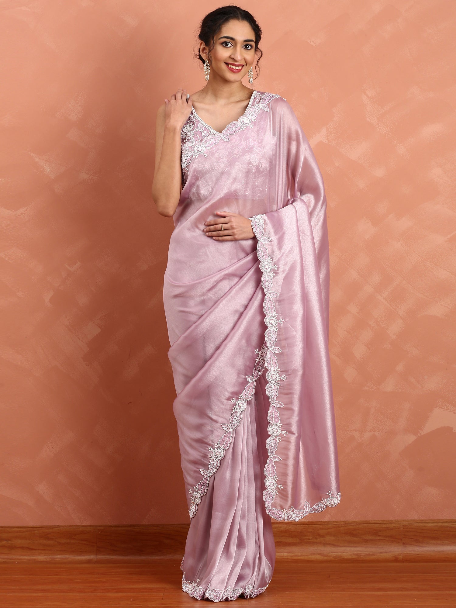 Lilac Jimmy satin tissue saree with pearls & sequin embroidery with ready made blouse