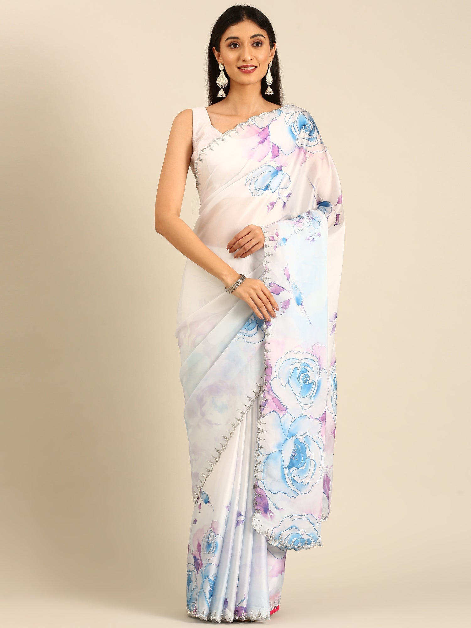 Blue satin floral printed saree with Swarovski embroidery