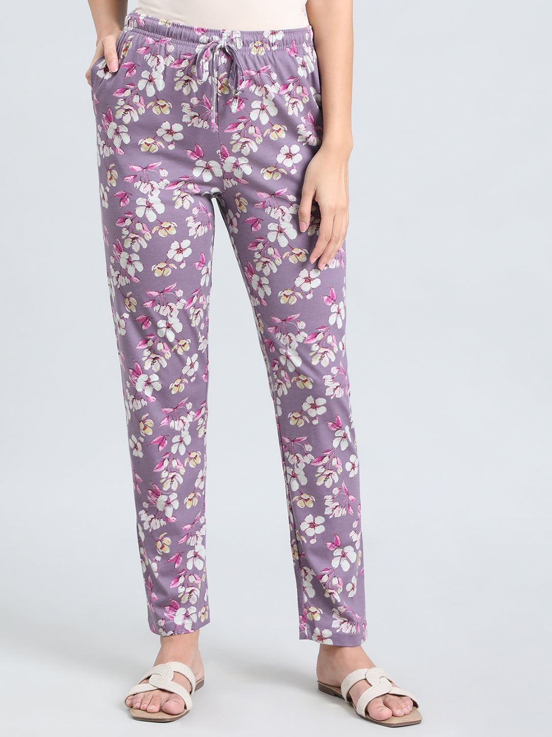 Purple Cotton Knit Printed Lounge Pants