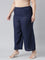 Women Solid Navy Mid Rise Linen Wide Pant