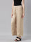 Women Solid Light Gold Mid Rise Shiny Palazzos