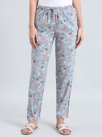 Blue Woven Viscose Printed Lounge Pants