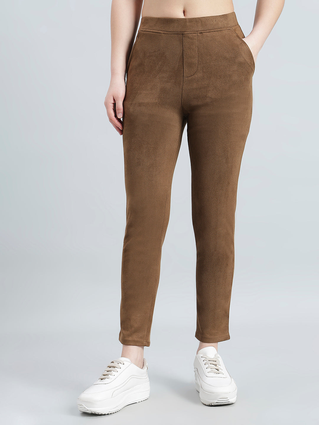 Brown Poly Stretch Suede Tregging