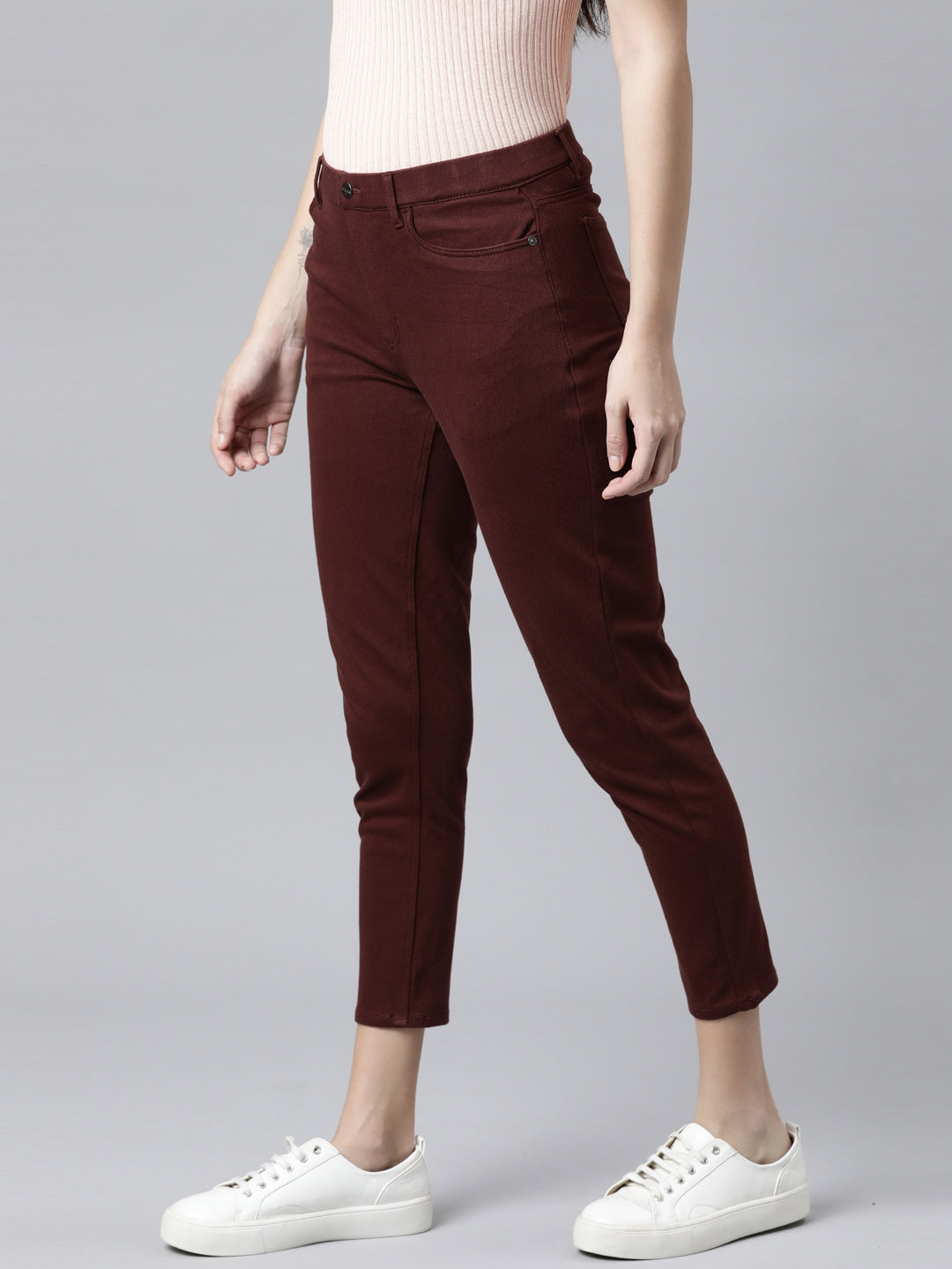 Women Solid Bright Maroon Mid Rise Cropped Jeggings – Cherrypick