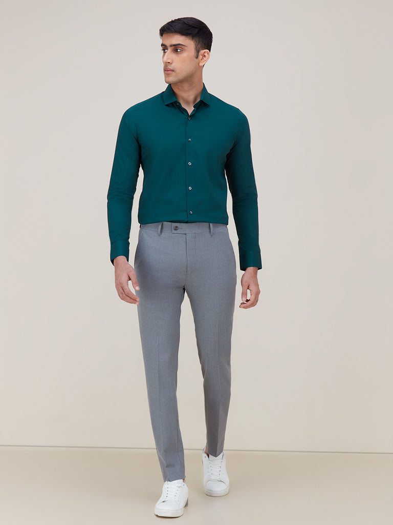 WES Formals Grey Slim-Fit Mid-Rise Trousers