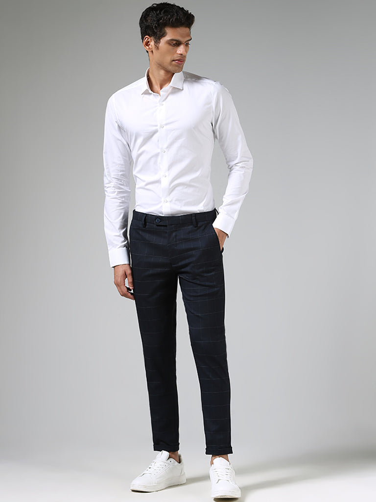 Buy WES Formals Navy Slim Tapered Fit Trousers from Westside