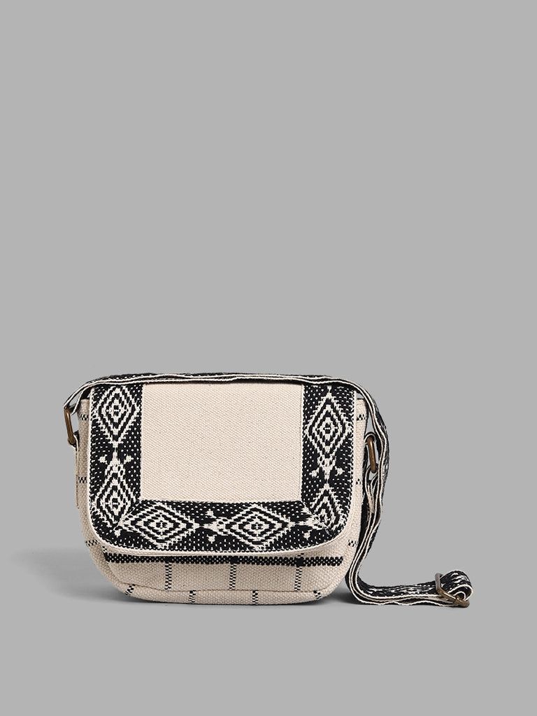 LOV Black White Checked Jacquard Woven Sling Bag