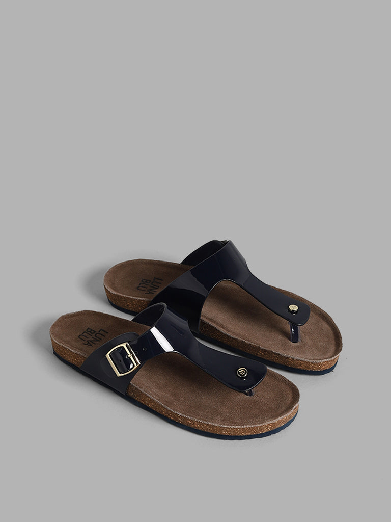 LUNA BLU Plain Navy Blue Cork Sandals